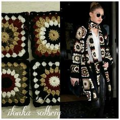 a woman in black and white crocheted jacket next to two granny granny granny granny granny