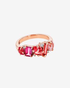 Kalan By Suzanne Kalan Nadima Red Ombre Glimmer Ring in 14k rose gold Fine Jewelry Red Multi-stone Diamond Ring, Red Multi-stone Diamond Ring Fine Jewelry, Red Ruby Cluster Ring With Rose Cut Diamonds, Red Diamond Baguette Cut Rings, Red Cluster Diamond Ring In 14k Gold, 14k Gold Red Cluster Ring With Rose Cut Diamonds, Red Diamond Cluster Ring In 14k Gold, Red Multi-stone Diamond Jewelry, 14k Gold Red Multi-stone Cluster Ring