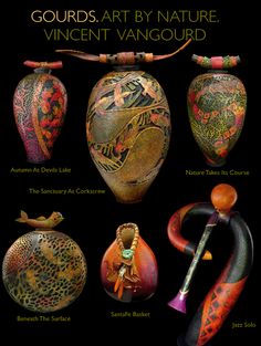 some very pretty vases with different designs on them, and the words gourds art by nature