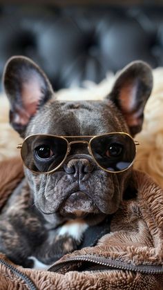 a small dog wearing glasses on top of a blanket