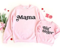 "Cute and cozy way to announce your new reason for joy to the world! Each sweatshirt needs to be added to the cart *separately*. ♥ Soft and comfy cotton blend crewneck sweatshirt. ♥ Our shirts are printed using a high-end DTG (Direct to Garment) printer that uses water-based inks which are absorbed into the fabric, creating a smooth finish on the shirt, that won't fade or peel off (no vinyl!). ♥ MADE TO ORDER - Please allow 1-4 business days for this item to be made and prepared for shipping. ♥ Pink Long Sleeve T-shirt For Gender Reveal, Pink Long Sleeve Top For Gender Reveal, Long Sleeve T-shirt With Letter Print For Gender Reveal, Family Matching Long Sleeve Tops For Gender Reveal, Cotton Letter Print Sweatshirt For Gender Reveal, Sibling Announcement, Bff Shirts, Grandson Gift, Gifts For Aunt