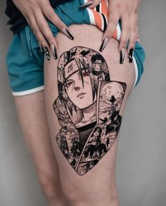 a woman's thigh with an anime character tattoo on her leg and the image of naruta