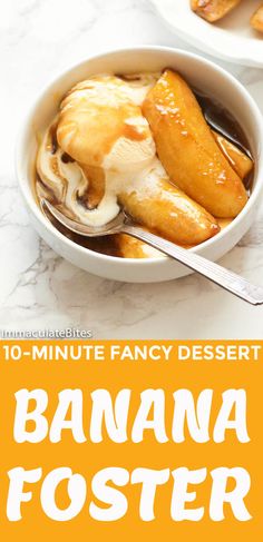 banana fosterer dessert in a bowl with text overlay