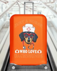 an orange suitcase with a dog wearing a nurse's hat and glasses on it