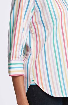 Rainbow stripes brighten a three-quarter-sleeve button-up shirt cut from wrinkle-resistant cotton sateen in a comfortably relaxed fit. Front button closure Spread collar Three-quarter sleeves with button cuffs 100% cotton Machine wash, tumble dry Imported 3/4 Sleeve Relaxed Fit Shirt For Daywear, 3/4 Sleeve Shirt With Relaxed Fit, Relaxed Fit Shirt With 3/4 Sleeves For Daywear, Modern Multicolor Cotton Shirt, Modern Multicolor Tops For Work, Multicolor Cotton Tops For Work, Multicolor Cotton Workwear Tops, Multicolor Spread Collar Shirt For Work, Multicolor Cotton Blouse With 3/4 Sleeves