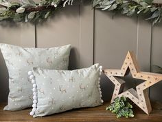 two decorative pillows and a wooden star on a bench