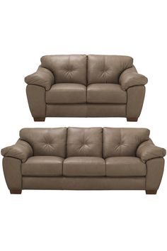 two brown leather couches sitting next to each other on top of a white background