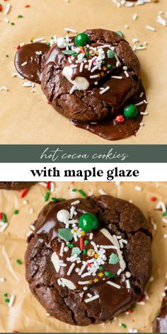 chocolate cookies with maple glaze and sprinkles on top are shown in two different views