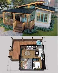 two pictures showing the inside and outside of a small house with porches on each floor