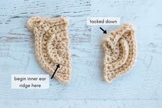 two crocheted pieces are shown next to each other on a wooden surface with text describing how they look