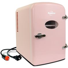 a pink refrigerator sitting on top of a white floor next to a plugged outlet