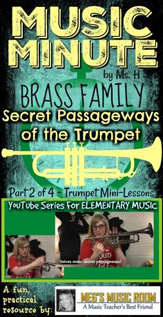 the poster for music minute featuring brass family, secret passaways and trumpet player