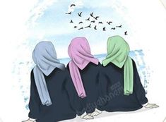 three women sitting on the ground looking at birds flying in the sky above them, with one woman wearing a headscarf