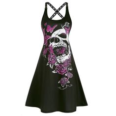 This Stunning Halloween Dress Features A Captivating Skull And Rose Print, Exuding A Gothic Charm. Its Cross-Back Cut-Out Strap Design Adds An Alluring Touch, While The A-Line Silhouette Ensures A Flattering Fit. Ideal For Those Seeking A Unique And Bold Fashion Statement. Skull And Rose Print Gothic Style Cross Back Design Cut-Out Straps A-Line Silhouette Mini Length Comfortable Fit Ideal For Halloween Statement Piece Machine Washable Breathable Fabric Versatile Wear Bust: 33.07”, Waist: 30.71” Pastel Goth Black Dress For Halloween, Black Pastel Goth Dress For Halloween, Fitted Skull Print Dresses For Spring, Fitted Skull Print Dress For Spring, Black Halloween Beach Dresses, Spring Fitted Dress With Skull Print, Sleeveless Skull Print Party Dress, Fitted Gothic Floral Print Dress, Sleeveless Summer Dresses With Skull Print