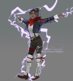 a drawing of a woman standing with her arms out in the air and lightning behind her