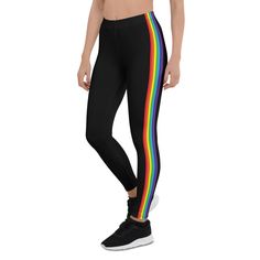 Step out in style and comfort with these classic retro look black leggings with vertical rainbow flag stripes running down the side of each leg. They look amazing all year around and are great for gym workouts, yoga classes, outdoor leisure activities and pride events. STYLE GUIDEFull-length mid-rise leggings. The comfortable elastic waistband sits above the hips and below the navel. Made from smooth, soft and stretchy shape retaining fabric that feels like a second skin providing ultra-comfort. Black Activewear With Contrast Stripes For Workout, Striped Sporty Activewear For Workout, Sporty Striped Activewear For Workout, Striped Athleisure Activewear For Sports, Stretch Activewear With Side Stripes For Gym, Fitted Running Activewear With Three Stripes, Fitted Running Activewear, Three Stripes Athleisure Leggings For Gym, Three Stripes Gym Leggings