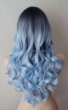 Hair Long Side Bangs, Ice Blue Hair, Curly Hair Long, Trendy We Fryzurach, Long Side Bangs, Brown Ombre Hair, Bangs Wig, Blue Wig, Hair Color Pastel