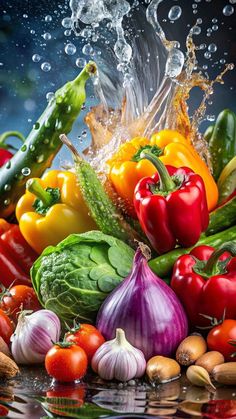 fresh vegetables are splashing into the water with their colorful fruits and vegetables in the foreground