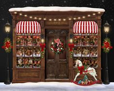 a painting of a store front decorated for christmas