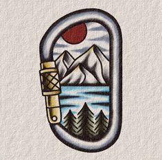 a drawing of a bottle opener with mountains in the background