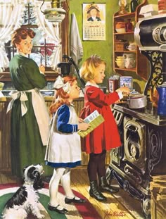 an old fashioned kitchen scene with two children and a dog looking at something on the stove