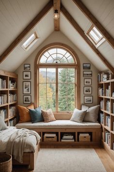 a window seat in the corner of a room filled with books