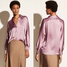 Vince Silk Shaped Collar Popover Blouse Top Vervain Purple Lilac Size Xs New Vince’s Utterly Sleek Popover In Knockout Silk Is A Seasonless Essential. A Front Pleat Creates An Easy Drape Topped By A Sensational Exaggerated Collar. Agoya Button Cuffs. Shirttail Hem. 100% Silk. Brand New With Tags. Elegant V-neck Shirt For Daywear, Elegant V-neck Blouse With Relaxed Fit, Silk V-neck Shirt For Office, Silk Blouse Relaxed Fit For Daywear, Silk Blouse With Relaxed Fit For Daywear, Silk Blouse For Daywear With Relaxed Fit, Feminine Long Sleeve Silk Top, Feminine Silk V-neck Top, Chic Silk Blouse With Relaxed Fit