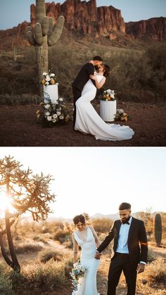 a couple standing next to each other in front of a cactus