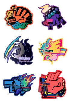 six stickers with different designs on them