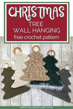 5 crocheted tree shape wall hangings in various colors lying flat with wood rings as the top for hanging Crochet Christmas Door Decorations, Crochet Winter Wall Hanging, Crochet Christmas Tree Wall Hanging, Crochet Door Hanging, Diy Wall Hanging Yarn, Ring Crochet