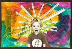 a young boy standing in front of a collage of words and an image of a lightning