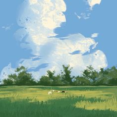 a painting of cows grazing in a green field with blue sky and clouds behind them