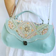 Light Blue Leather Purse With Bohemian Embroidery Colorful - Etsy Israel Colorful Handbag, Bohemian Embroidery, Green Leather Handbag, Retro Purse, Colorful Handbags, Colorful Embroidery, Yellow Handbag, Green Handbag, Green Purse