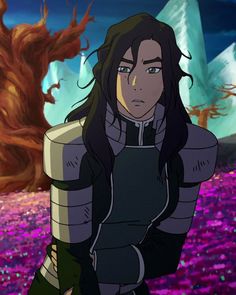 an anime character with long black hair standing in front of purple flowers