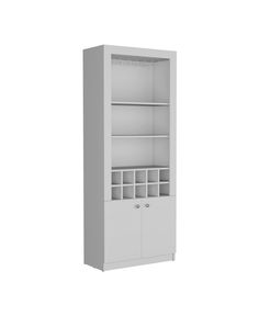 a white cabinet with shelves and drawers on the bottom, in front of a white background