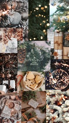 a collage of photos with christmas decorations and ornaments on them, including pine cones