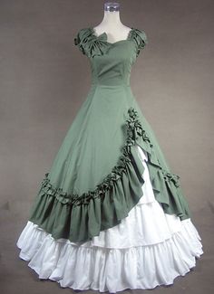 amp;nbsp;      Green and White Cotton Victorian Dress Christmas Costume       Description: Green and White Sweetheart Cotton Victorian Dress is full of mystery and lure, both Luxuriant and dark. About death, about horror, about mystery, about riddle, these are all the Gothic lolita try to express. Such a ruiness feeling. Green and White Sweetheart Cotton Victorian Dress is military green and white, and features its short sleeves design, simple silhouette, and ruffled outlayer skirt. The price in Gaun Tulle, 1800s Dresses, Gothic Victorian Dresses, Cotton Gowns, Victorian Costume, Old Fashion Dresses, Old Dresses, Victorian Clothing, Vestidos Vintage