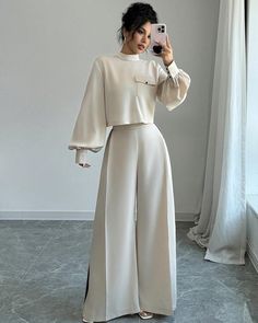 ✨Pre-order only, S(8) - XL(16)✨ Elegant Office Wear, Elegant Pants Suits, Loose Suit, Pajamas Aesthetic, Wide Leg Pants Casual, Sleeveless Turtleneck Top, Magazine Editor, Lantern Sleeve Top