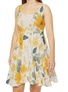 DESCRIPTION Discover the perfect addition to your wardrobe with our exquisite yellow floral print sleeveless dress. Designed for versatility, this dress is ideal for any occasion, from work to brunch, church, everyday wear, or as a wedding guest outfit. Enhance its elegance by adding a blazer or cardigan to transition effortlessly from day to night. For a night out, pair it with statement jewelry to create a stunning look. Key Features: ▸Elegant Design: High cut scooped neckline and a circle cut Fitted Floral Sleeveless Dress For Brunch, Elegant Yellow Floral Dress For Garden Party, Floral Print A-line Sundress For Garden Party, Yellow Floral Dress For Garden Party, Elegant Yellow Floral Summer Dress, Yellow Floral Print Sundress For Garden Party, Sundress With Floral Print A-line Shape, Floral Print A-line Sleeveless Sundress, Floral Print Sleeveless Sundress, Knee-length