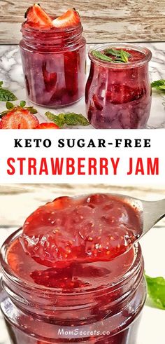 keto sugar - free strawberry jam in a mason jar