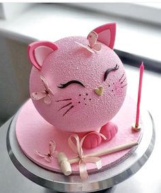 a pink cake with a cat on top