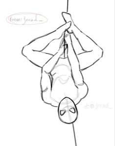 a drawing of a person hanging upside down on a pole with their hands in the air