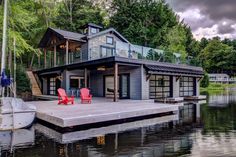 a boat dock with two red chairs and a house on the water in the background