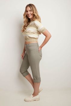 Everyone knows that you’re the queen of summer fashion, but it’s time to raise the bar. Challenge your personal best by adding these classic capris with cuffed hem to your wardrobe. With their relaxed fit leg t, they are an excellent choice for long days at work or on the beach. Not to forget the real pockets and metallic accents at the waist that make them dressy and functional at the same time. Belt loops and tonal topstitching throughout Fixed cuffs Real front pockets, back patch pockets Wide Spring Mid-rise Bottoms With Rolled Hem, Trendy Bottoms With Rolled Hem And Cuffed Ankles, Trendy Cotton Capri Length Bottoms, Trendy Cotton Capri-length Bottoms, Trendy Cotton Capri Bottoms, Trendy Knee-length Summer Capris, Fitted Summer Bottoms With Rolled Hem, Fitted Bottoms With Cuffed Ankles For Spring, Fitted Bottoms With Rolled Hem For Summer