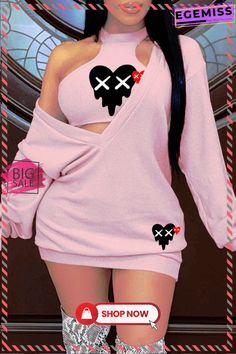 Pink Sexy Casual Print Patchwork O Neck Long Sleeve Two Pieces Pink Long Sleeve Top For Club, Two Pieces, Long Sleeve, Pink, Patchwork