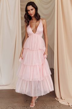 Auguste Tiered Frill Midi Dress Blush by Selfie Leslie Blush Pink Bridesmaid Dress, Blush Pink Gown, Pink Maternity Dress, Blush Pink Bridesmaids, Maternity Gown, Yellow Bridesmaids, Pink Gowns, Photoshoot Dress, Blue Bridesmaids