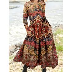 Season:Fall,Spring,Winter; Fabric:Polyester; Sleeve Length:Long Sleeve; Look After Me:Machine wash; Gender:Women's; Style:Vintage,Ethnic,Tribal; Elasticity:Micro-elastic; Occasion:Date,Daily,Going out,Outdoor,Weekend; Fit Type:Regular Fit; Dresses Type:SpringDress,Ethnic Dress,Swing Dress,A Line Dress,Print Dress; Pattern:Floral,Tribal; Design:Pocket,Print; Neckline:Split Neck; Front page:FF; Listing Date:08/18/2023; 2024 Trends:2023; Bust:; Length:; Shoulder Width:; Sleeve:; Waist:; Fit US Size:; Fit UK Size:; Fit EU Size:; Dress Length Type:Long Dress Maxi Dress; Print Type:Print Walls Ideas, Maxi Dress Vintage, Women's A Line Dresses, Trends 2023, Winter Fabric, Gallery Walls, Ethnic Dress, 2024 Trends, Vintage Maxi Dress