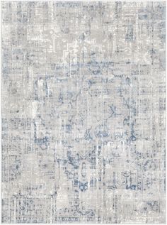 an area rug with blue and white designs on the top, in shades of gray