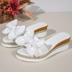 Beach Sandals With Bow And Round Toe, Round Toe Sandals With Bow In Synthetic Material, Synthetic Sandals With Bow And Round Toe, High Heel Bow Sandals For Beach, Spring Sandals With Bow And Round Toe, Casual Synthetic Sandals With Bow, Closed Toe Sandals With Bow For Summer, Bow Sandals With Round Toe For Vacation, White Open Toe Sandals With Bow