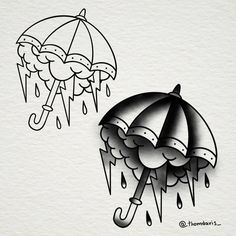 two umbrellas with rain coming out of them, one is black and the other is white